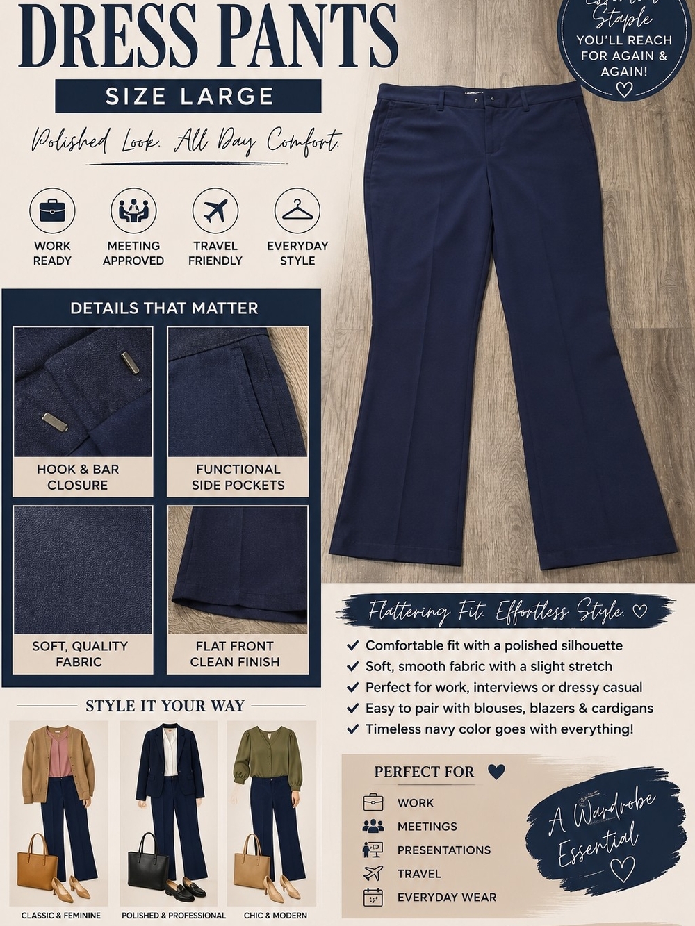 New York & Company Navy Blue Women's Dress Pants - Flat Front